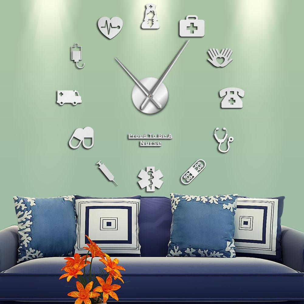 Proud To Be A Nurse Doctor & Nurse Kit DIY 3D Large Mute Wall Clock Medical Office Hospital Wall Art Decor Long Hands Watch - Thumbedtreats