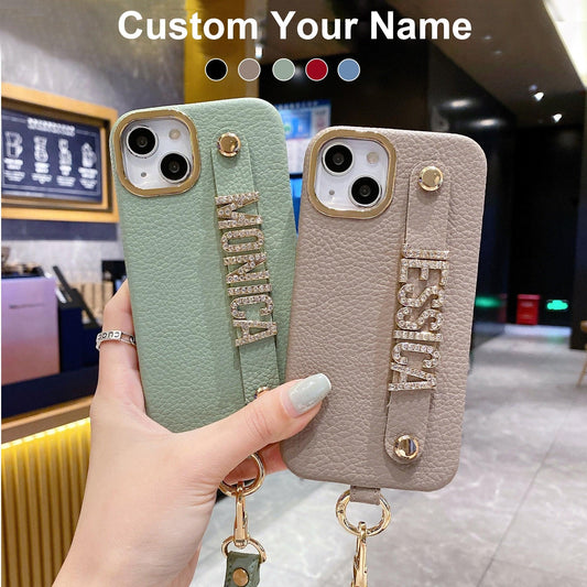 Personalise Name Strap PU Leather Phone Case For iPhone 11 12 13 14 Pro Max Plus Lanyard Diamond Metal Letter Monogram Cover - Thumbedtreats